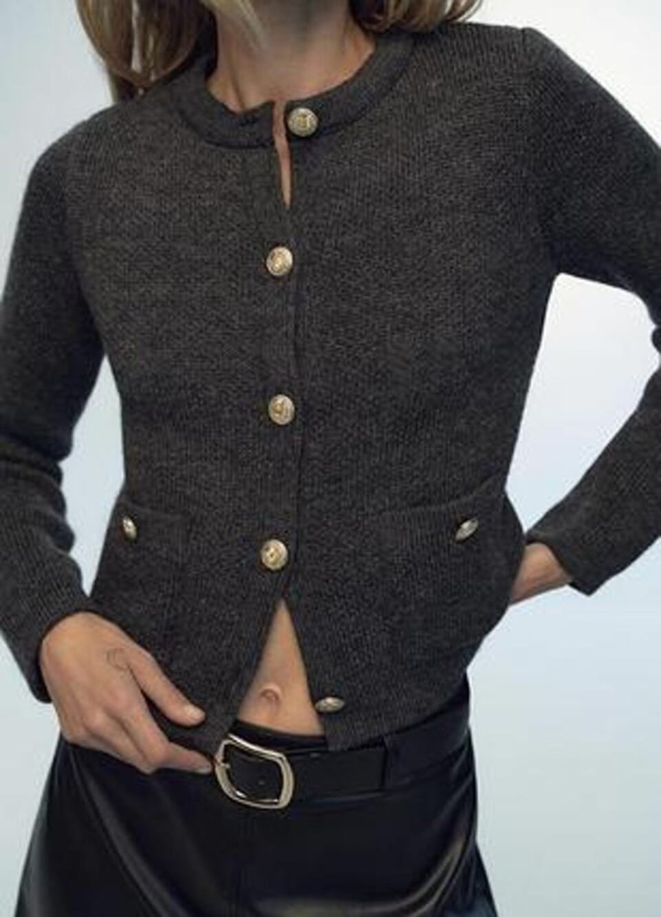 Zara Cardigan Womens M Gray Golden Button Knit Wool Blend Long Sleeve